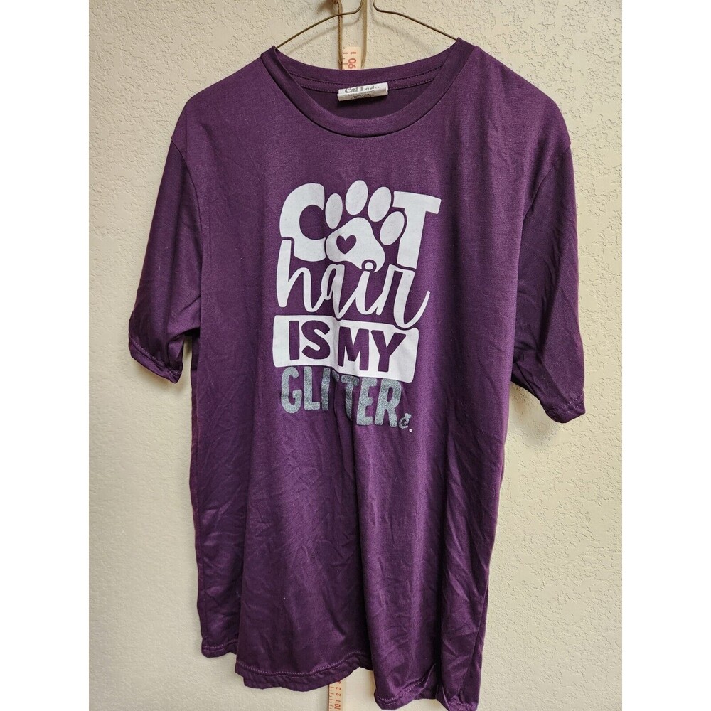 Womens T Shirt Top Size L Large Tee Cat Lady Purple Cat Hair Is Glitter